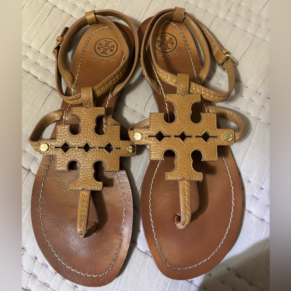 Tory Burch Chandler Flat Brown Leather Sandal Size 9 - Picture 3 of 15